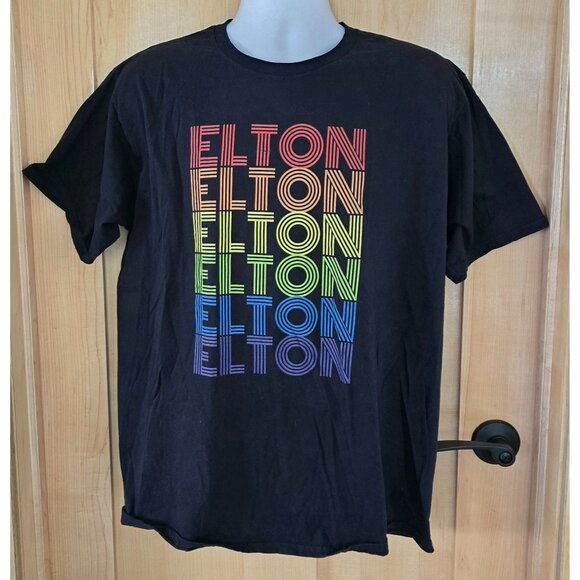 Elton John Rainbow Text Graphic T-Shirt Black XL casual colorful Cotton - Picture 3 of 5